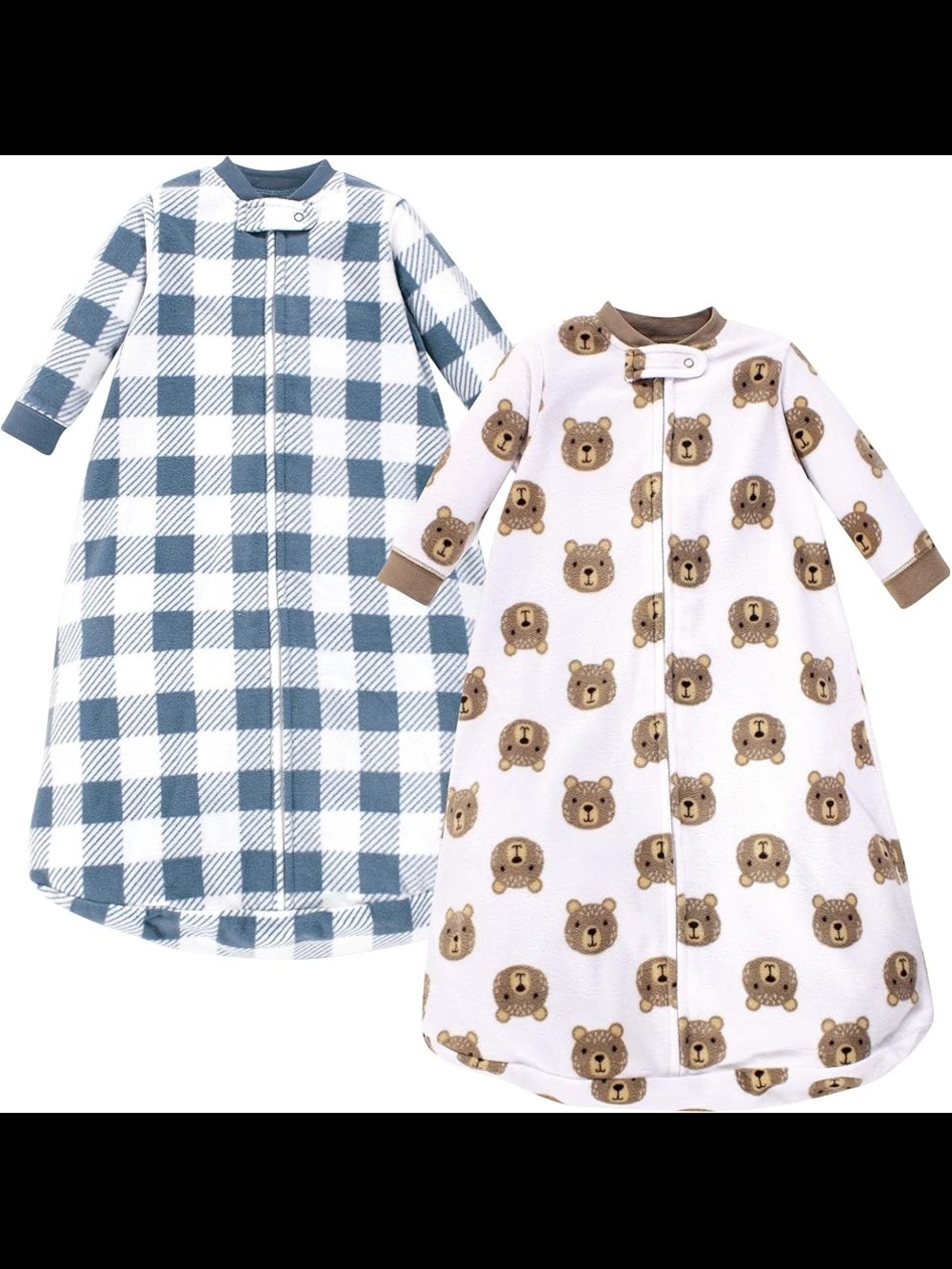 Fleece Baby Sleep Sack Pajamas - Blue Plaid & Brown Bear Prints 0-9 Months